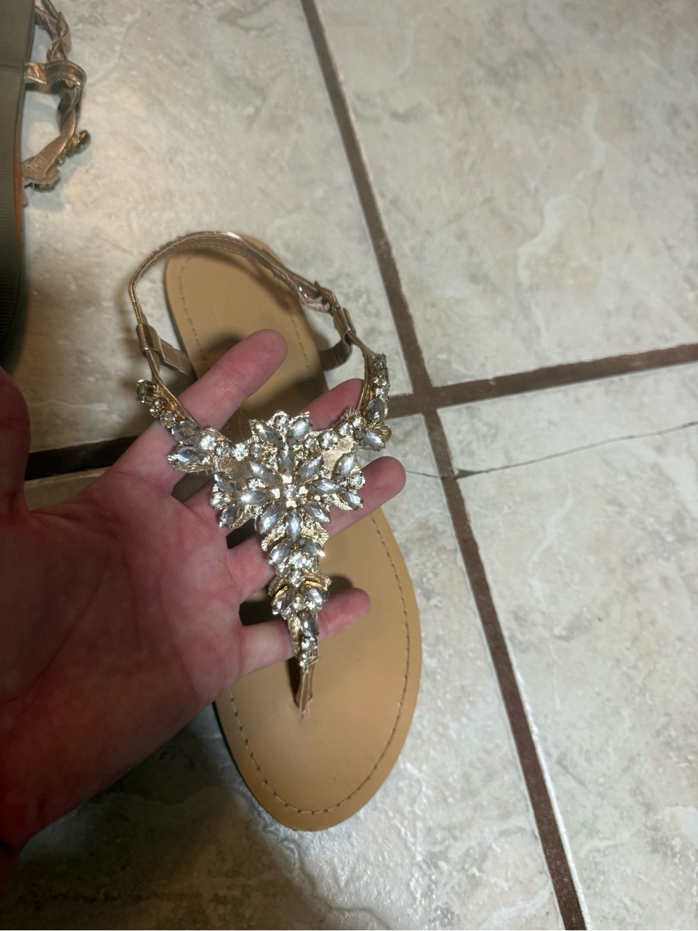 Embellished Tan T‑Strap Women's Sandals with Gold Accents - Picture 4 of 6